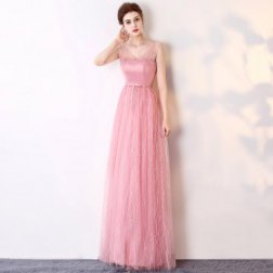 Women's Pink Sexy V-Neck Jacquard Lace Long Evening Dress