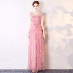 Women's Pink Sexy Round Neck Jacquard Lace Long Evening Dress