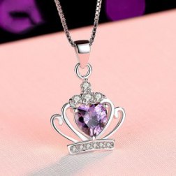 Sterling Silver Queen Crown Pendant Necklace Adorned with Crystals