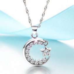 Sterling Silver Crystal Moon Star Pendent Necklace
