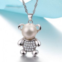 Sterling Silver Cute Bear Crystal  Pendant Necklace
