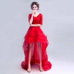 Red Front Short Back Long Evening Dress