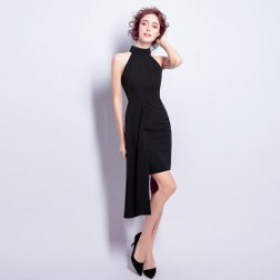 Black Irregular Hanging Neck Short Evening Dress