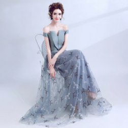 Women's Off The Shoulder Embroidery Long Evening Gowns