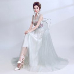 Ladies Lace Embroidery Flowers Long Evening Gowns