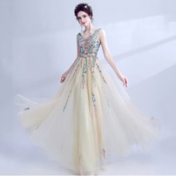 V-neck Embroidery Lace Prom Dresses Sleeveless Tulle Evening Prom Gowns