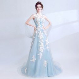 Women's Lace Embroidery Flowers Tulle Evening Prom Gowns