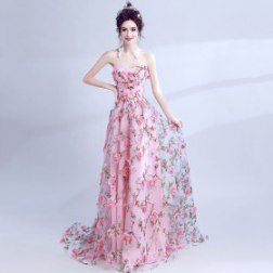 Women's Sexy Lace Flowers Strapless Long Evening Dress
