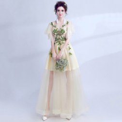 Women's V-neck Tulle Long Evening Cocktail Gowns