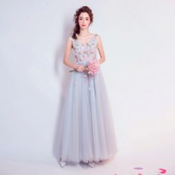 Sexy V-neck Sleeveless Embroidery Floral Evening Prom Dress