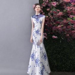 Blue And White Porcelain Sexy High Collar Fishtail Evening Dress