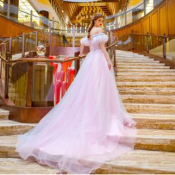 Gown Trail Off Shoulder Crystal Lace Embroidery Evening Prom Dress