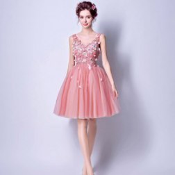 Sexy V-neck Lace Flower Embroidery Short Bridesmaid Dress