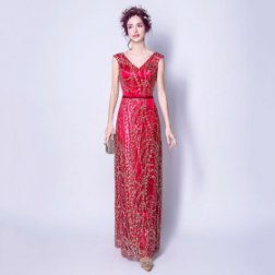 Women's Gold Sequins V-neck Lace A-line Long Evening Dresses