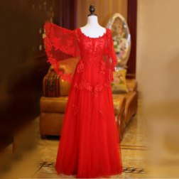 Red Sexy Lace Embroidery Long Bridesmaid Dress