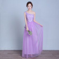 One Shoulder Purple Lace Evening Gowns