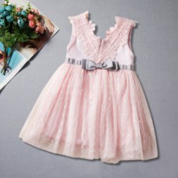Girls V-neck Lace Dress Bow Princess Dress
