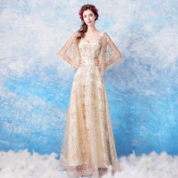 Women's V Neck Golden Sequins Long Dress