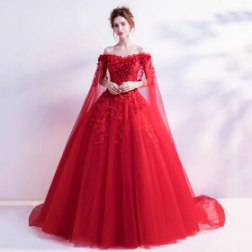 Red Off The Shoulder Shawl Evening Dress
