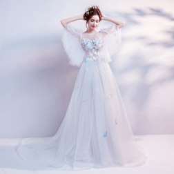 Butterfly Embroidered Lace Trail Evening Dress