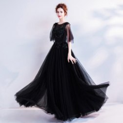 Black Embroidered Lace Evening Dress
