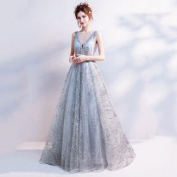 V-neck Embroidered Lace Sequins Evening Dress