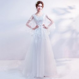White V-Neck Flower Embroidery Evening Dress