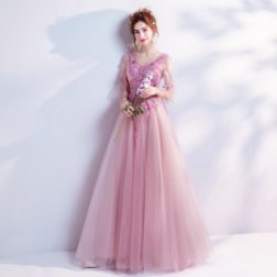 Pink Flare Sleeve Lace Embroidered Evening Dress
