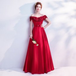 Red Off The Shoulder Embroidered Evening Dress
