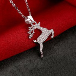 Silver Crystal Elk Pendant Necklace For Women