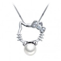 Silver Crystal Kitty Fashion Pendant Necklace