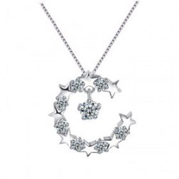 Silver Crystal Moon and Star Fashion Pendant Necklace