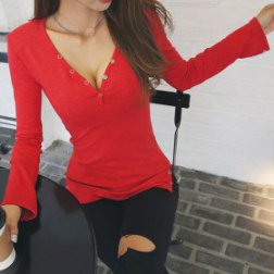 Sexy V-Neck Long-sleeved Slim Button Pullover Top