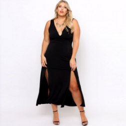 Plus Size Sexy V Neck Slit Dress