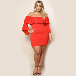 Women's Plus Size Off Shoulder Flare Sleeve Bodycon Party Midi Dress