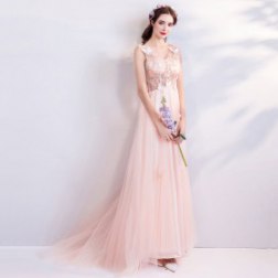 Pink Sexy Lace V-neck Bridesmaid Evening Dress