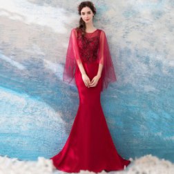 Red Lace Shawl Long Train Bridesmaid Evening Dresses