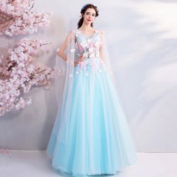 Light Blue V-Neck Bridesmaid Evening Dress