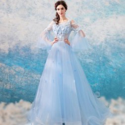 Sexy Lace Light Blue Flare Sleeve Evening Dress