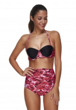 Women's Floral Printing Contrast Color Bikini Swimsuit