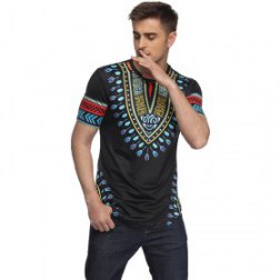 Men's National Style Printing Short Sleeve Black T-shirt