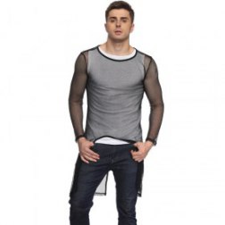 Men's Sexy Long Sleeves Mesh See-Through Irregular Hem Long Blouse
