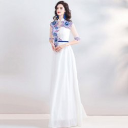 Chinese Oriental Dress Embroidery Flower Qipao Evening Dress