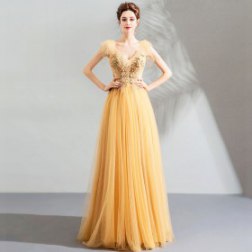 Yellow Sexy V-neck Tulle Prom Dress