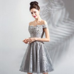 Gray Sexy Off The Shoulder Lace Cocktail Dress