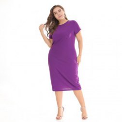 Plus Size Purple Short Sleeve Round Neck Midi Dresses