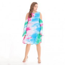 Plus Size Sexy Cold Shoulder Long sleeve Print Beach Dress