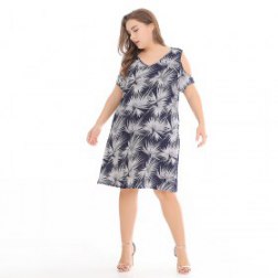 Plus Size Cold Shoulder Printing Short Sleeve Blouse Loose Dress