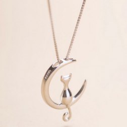 Fashion Cat Moon Pendant Necklace Charm Silver Gold Color Link Chain Necklace For Pet Lucky Jewelry For Women Gift