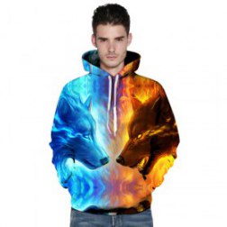 Men's Long Sleeve 3D Digital Print Double Ice Wolf Pullover Hoodies